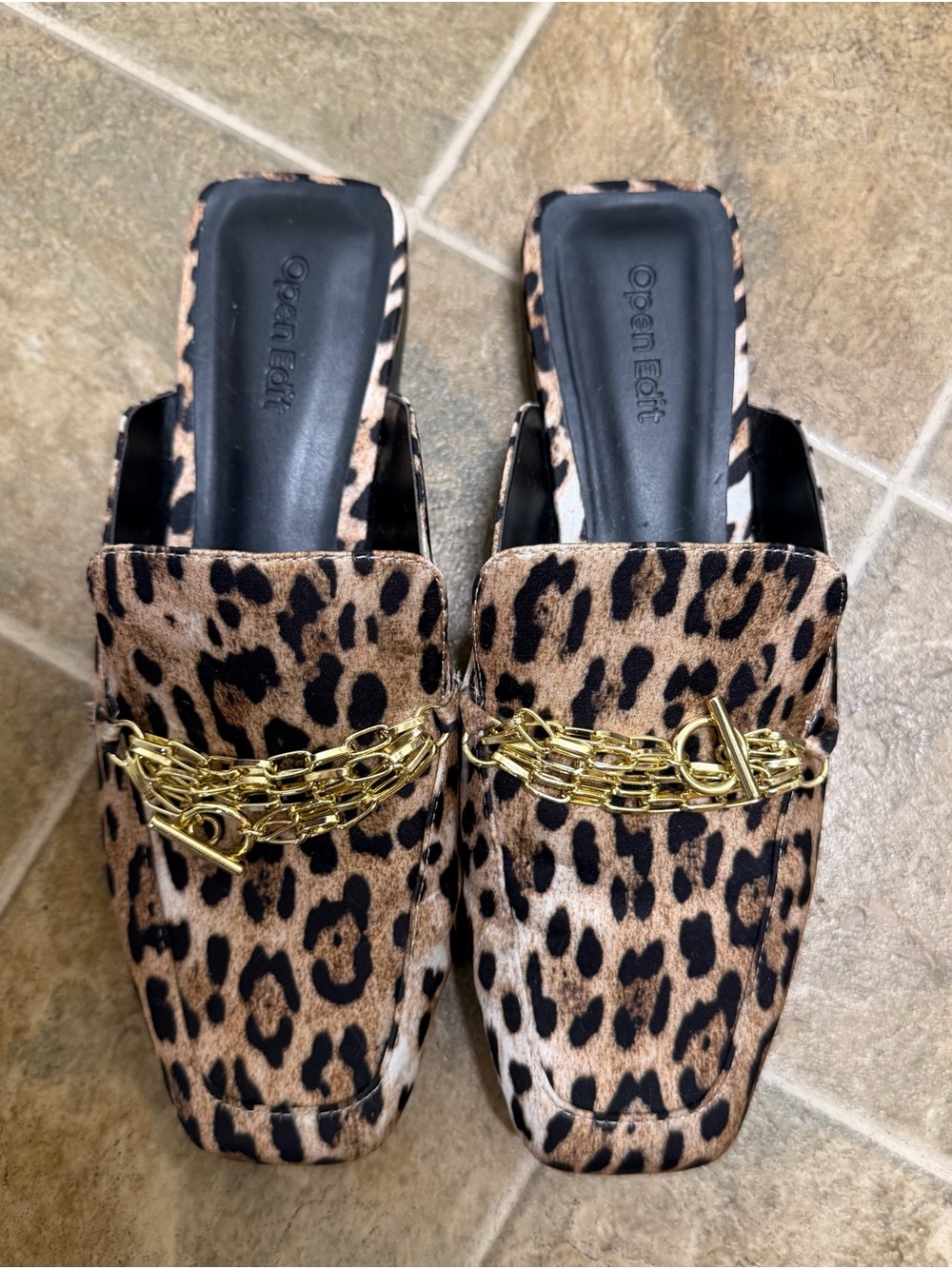 Open Edit Leopard-Print Chain-Accent Mules in Brown